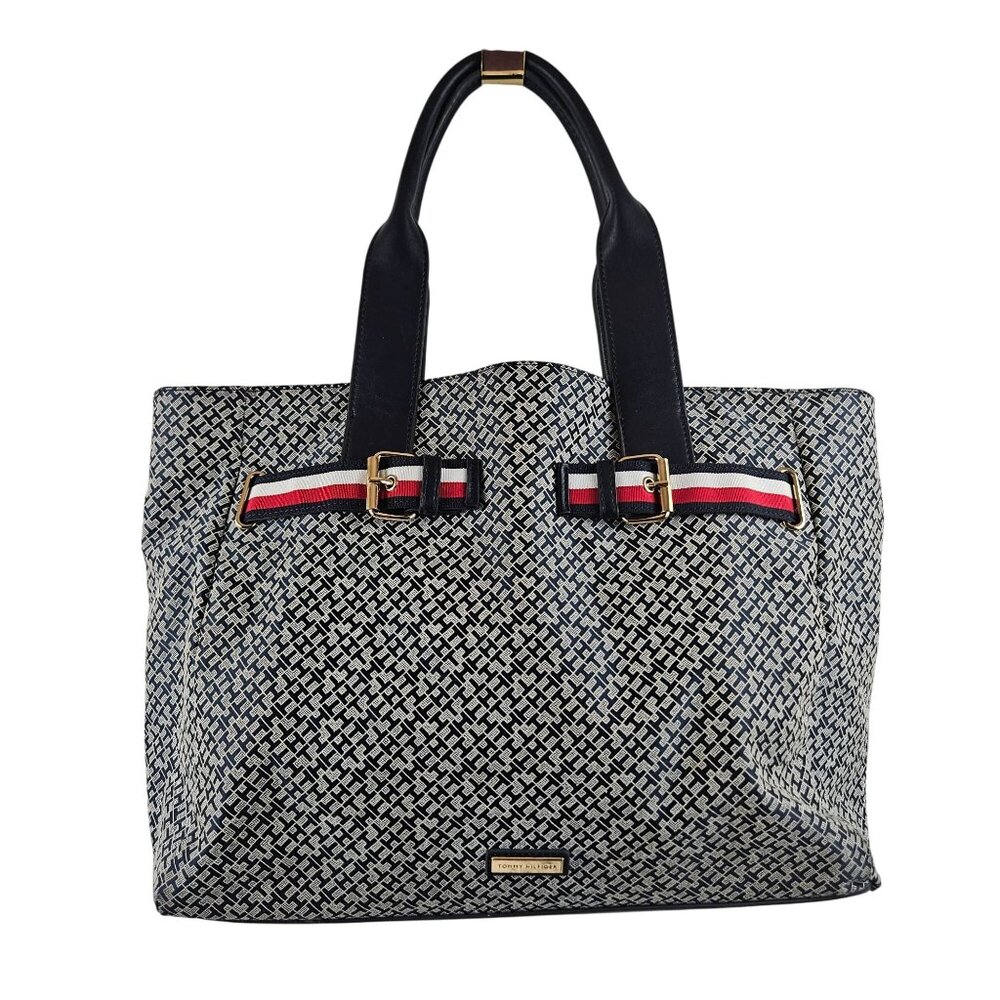 Tommy Hilfiger Womens Navy Gray Printed Tote Bag Faux Leather Trim 2 Top Handles